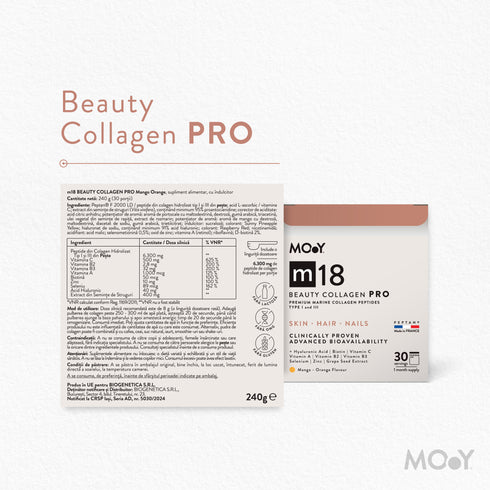 m18 PRO Colagen hidrolizat marin premium, dovedit clinic, beauty, 6.300mg tip I si III, aroma mango si portocale, 30 portii, 240 g, Molecules of Youth, natural